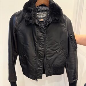 Schott’s Black Aviator Bomber Jacket with Faux Fur Collar